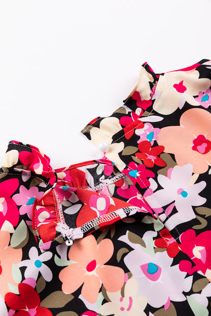 Rose Printed Frilled Neck Shirred Bracelet Sleeve Floral Blouse